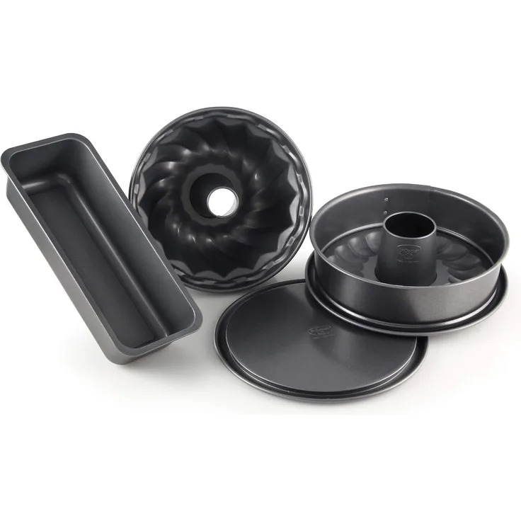 Dr. Oetker 4er Backformen-Set Back-Harmonie, Springform (Flach- und Rohrbodeneinsatz), Kastenform und Gugelhupfform, Kuchenformen mit Antihaftbeschichtung, (Farbe: Grau) Menge: 1 x 4er-Set