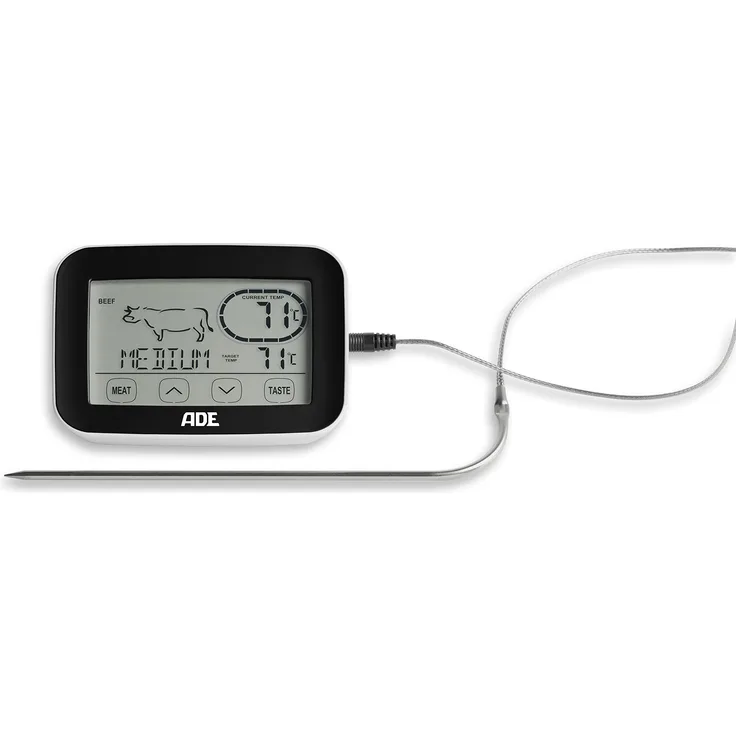 ADE BBQ 1408 Funk-Bratenthermometer. Digitales Grill-Thermometer mit Touch-Display, Funkempfänger, Messgabel aus Edelstahl. Elektronisches Ofenthermometer für den perfekten Garpunkt. Inkl. Batterien