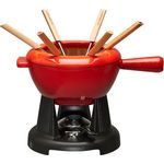 Le Creuset Gusseisen Fondue-Set, Inkl. 2 Griffen, Spritzschutz, Rechaud und 6 Fonduegabeln, 1,6 L Volumen, Kirschrot