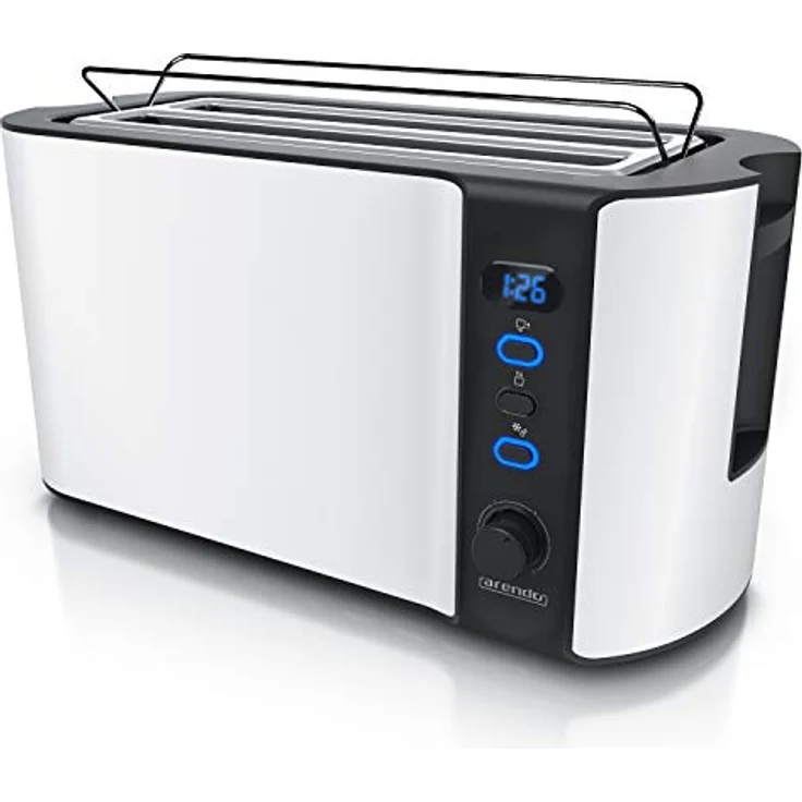 Arendo Edelstahl Toaster Langschlitz 4 Scheiben - Defrost Funktion - wärmeisolierendes Gehäuse - mit integrierten Brötchenaufsatz - 1500W - Krümelschublade - Display mit Restzeitanzeige - weiß matt – Bild 1