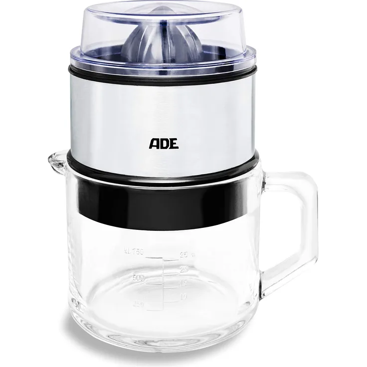 ADE Elektrische Saftpresse KA1803 (Zitruspresse mit 60 Watt Motor, hochwertiger BPA-freier Glaskaraffe, Start-Stopp-Automatik) silber