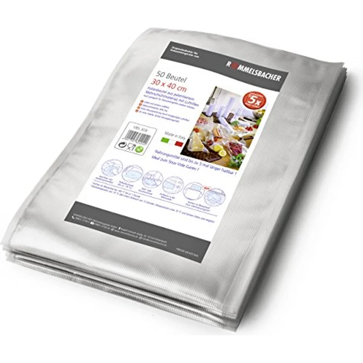 ROMMELSBACHER VBS 304 Profi Folienbeutel 50 Stück, 30 x 40cm, BPA-frei, eingeprägte Luftrillen, wiederverwendbar, Sous vide geeignet, extrem reißfest, für alle Balkenvakuumierer – Bild 1