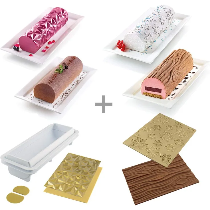 Silikomart 25.008.99.0082 Backform + 4 Silikonmatten BUCHES, Weiß, Gold & Braun