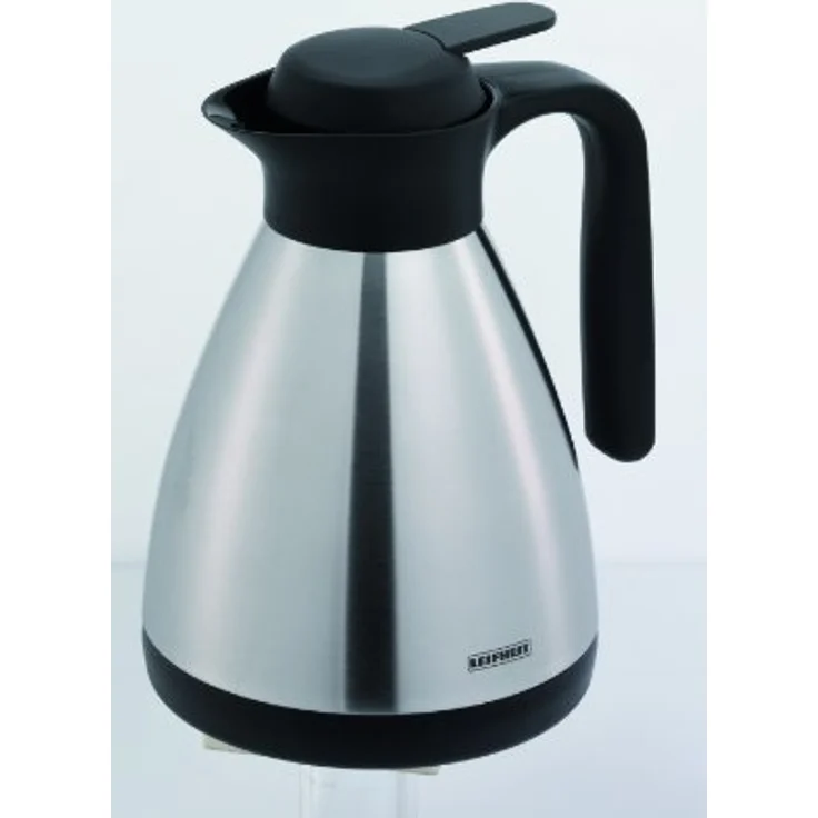 Leifheit Shine 0, 6 L Isolierkanne, 100% dicht, Thermoskanne mit doppelwandigem Edelstahl-Isolierkörper, praktisches Öffnen und Schließen mit einer Hand, Kaffekanne, Teekanne, silber schwarz – Bild 1