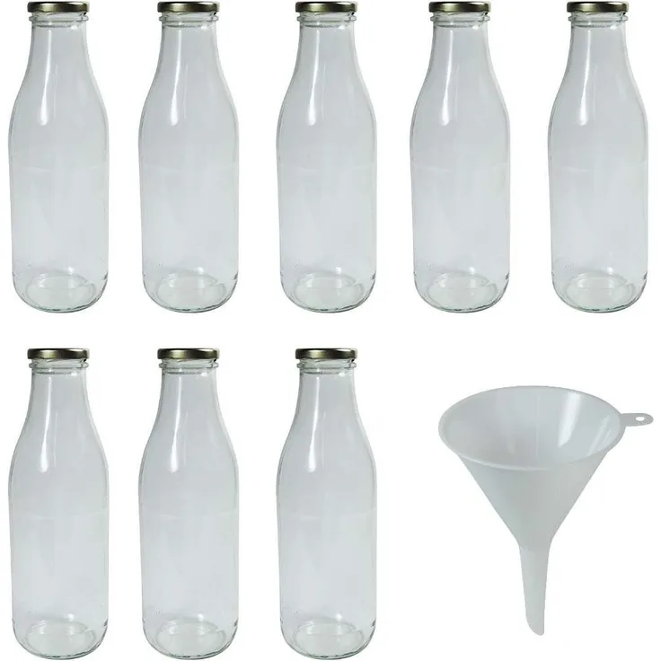 Viva Haushaltswaren #34767# 8 x Weithals-Glasflasche 1000 ml mit goldfarbenem Schraubverschluss, als Milchflasche, Saftflasche & Smoothieflasche verwendbar (inkl. Trichter Ø 9,5 cm)