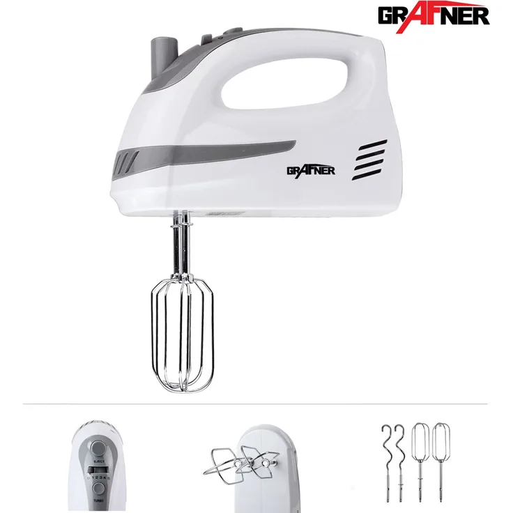 Grafner Handrührer HR10753 Mixer, 200 Watt, 5 Stufen, Turbo, mit 2 Paar Rührhaken 