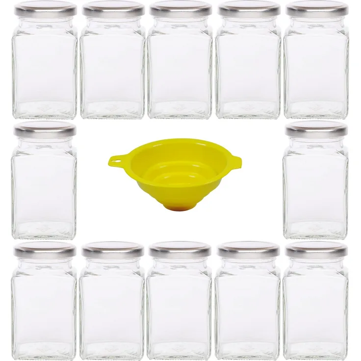 Viva Haushaltswaren 12 x eckiges Marmeladenglas - Gewürzglas 260 ml mit silberfarbenem Schraubverschluss, Gläser Set mit Deckel als Einmachgläser, Vorratsdose etc. verwendbar inkl. Trichter