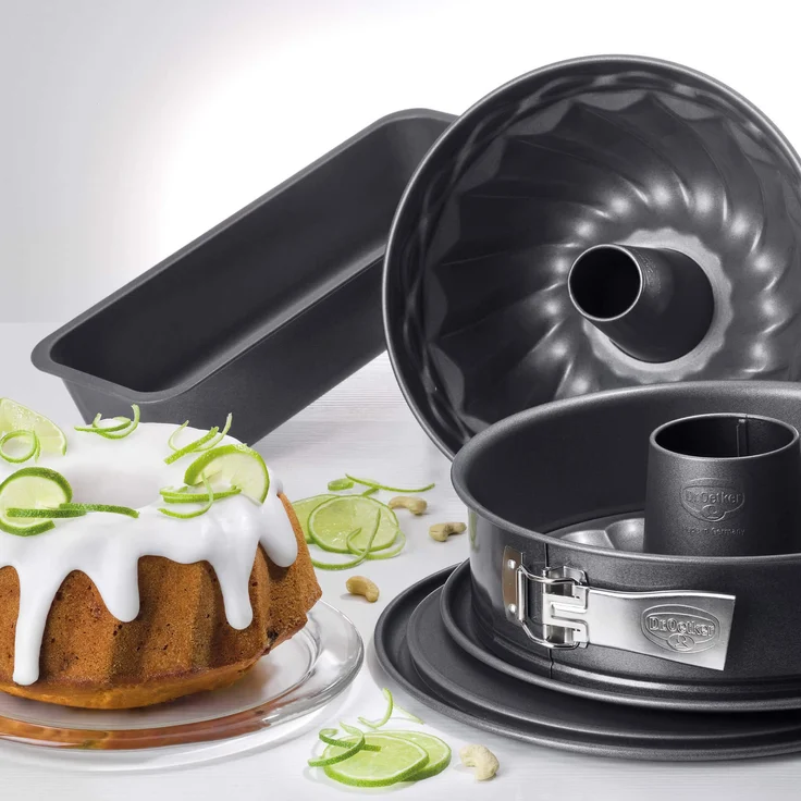 Dr. Oetker 4er Backformen-Set Back-Harmonie, Springform (Flach- und Rohrbodeneinsatz), Kastenform und Gugelhupfform, Kuchenformen mit Antihaftbeschichtung, (Farbe: Grau) Menge: 1 x 4er-Set – Bild 2