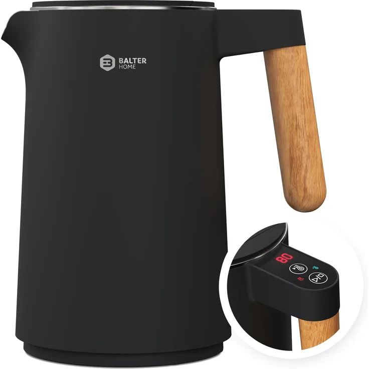 BALTER WK-08-BL Edelstahl-Wasserkocher, 2200W, 1,5L, doppelwandig, kabellos, Warmhaltefunktion, schwarz
