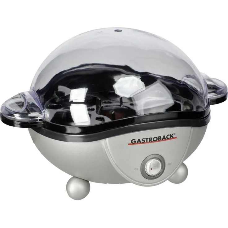 Gastroback 42801 Design Eierkocher, für bis zu 7 Eiern, inklusive Wassereinfüllbecher mit Skala (für weiche oder Harte Eier) und Eierstecher, 350 Watt, Plastik, 7 Unknown_Modifier, Schwarz, Silber