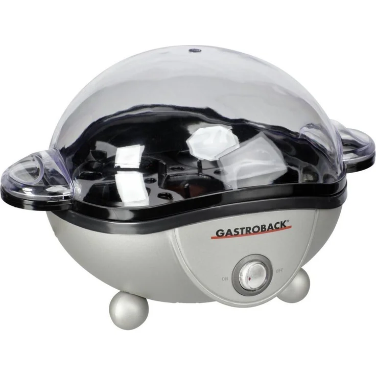 Gastroback 42801 Design Eierkocher, für bis zu 7 Eiern, inklusive Wassereinfüllbecher mit Skala (für weiche oder Harte Eier) und Eierstecher, 350 Watt, Plastik, 7 Unknown_Modifier, Schwarz, Silber – Bild 1