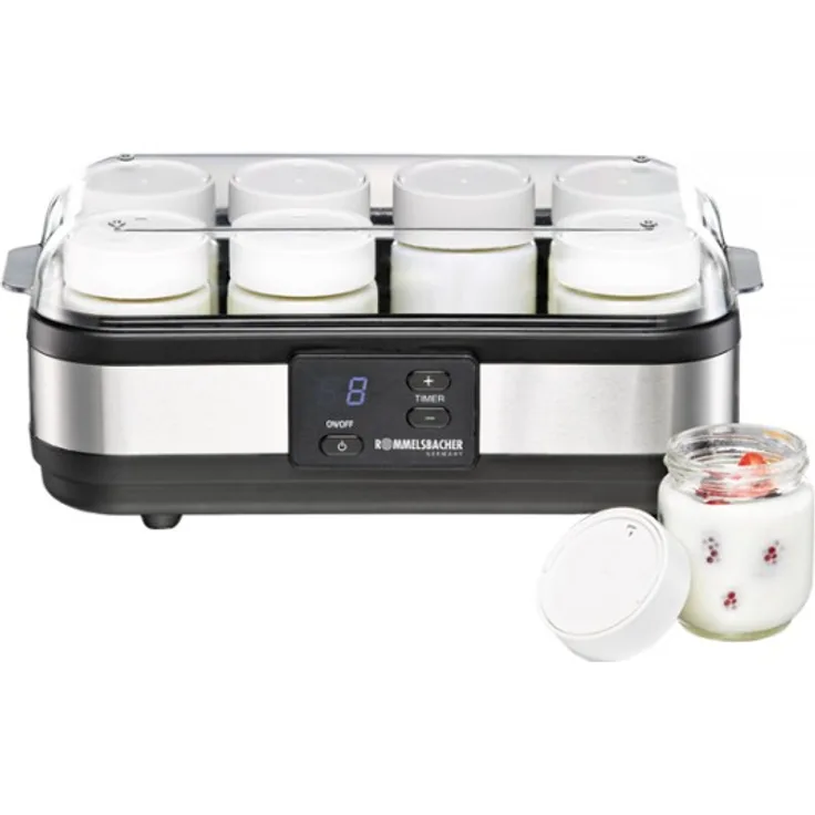 ROMMELSBACHER Joghurtbereiter JG 40 - für bis zu 1200 g Joghurt, LCD Display, 18 Stunden Zeitschaltuhr, automatische Abschaltung, elektronische Temperaturregelung, 8 Portionsgläser à 150 ml, 40 Watt