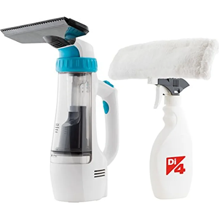 Di4 Aspirojet Duo-Fenstersauger, 2 in 1, 35 min Akkulaufzeit, 3 Reinigungszubehör,Sprühflasche mit Mikrofaserwischer,Nass, Trocken-Sauger, Plastic, Weiß-Türkis