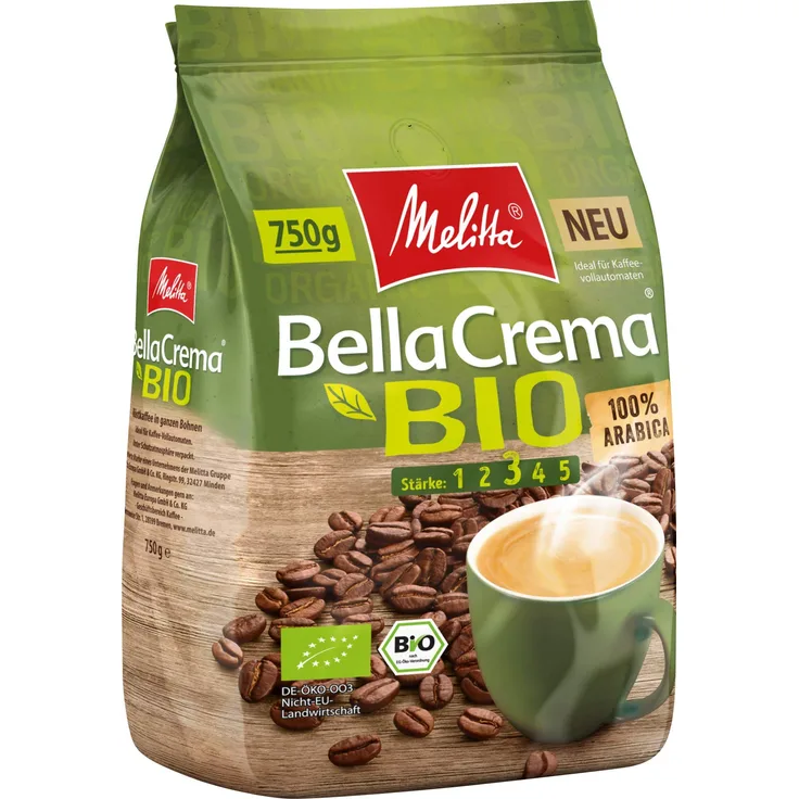Melitta Ganze Kaffeebohnen, 100% Bio und Arabica, weicher ausbalancierter Körper, Stärke 3, BellaCrema Bio, 1er Pack (1 x 750 g)