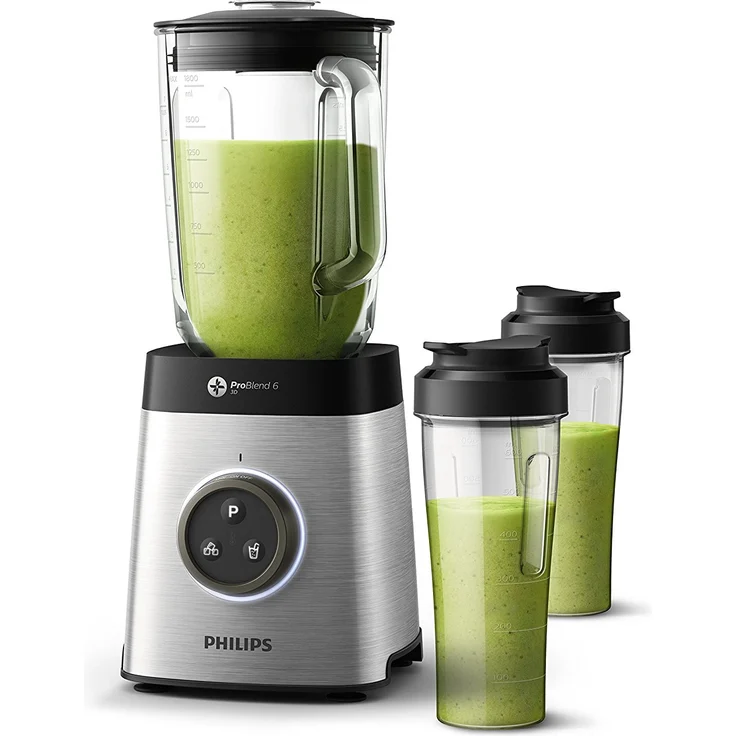 Philips HR3655-00 Standmixer (1400 Watt, ProBlend 6 3D Technologie, 2 Liter Glasbehälter, 2x Trinkbecher, Spülmaschinenfest) edelstahl  – Bild 2