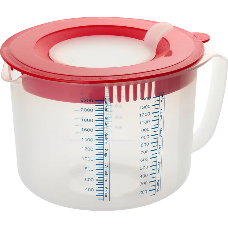 Dr. Oetker Mess- und Rühr--Mess--Rührbecher, 2,2 L, mit unterschiedlichen Messskalen, mit Spritzschutz, aus hochwertigem Kunsstoff, Menge: 1 Stück, Farbe: rot-transparent