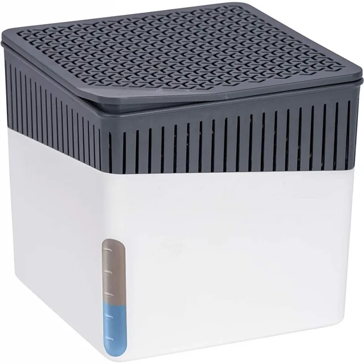WENKO Raumentfeuchter Cube, Luftentfeuchter reduziert Schimmel und Gerüche, Auffangschale mit 1 kg Granulatblock nachfüllbar, fasst bis zu 1,6 l Feuchtigkeit, Maße (BHT): 16,5x15,7x16,5 cm, weiß