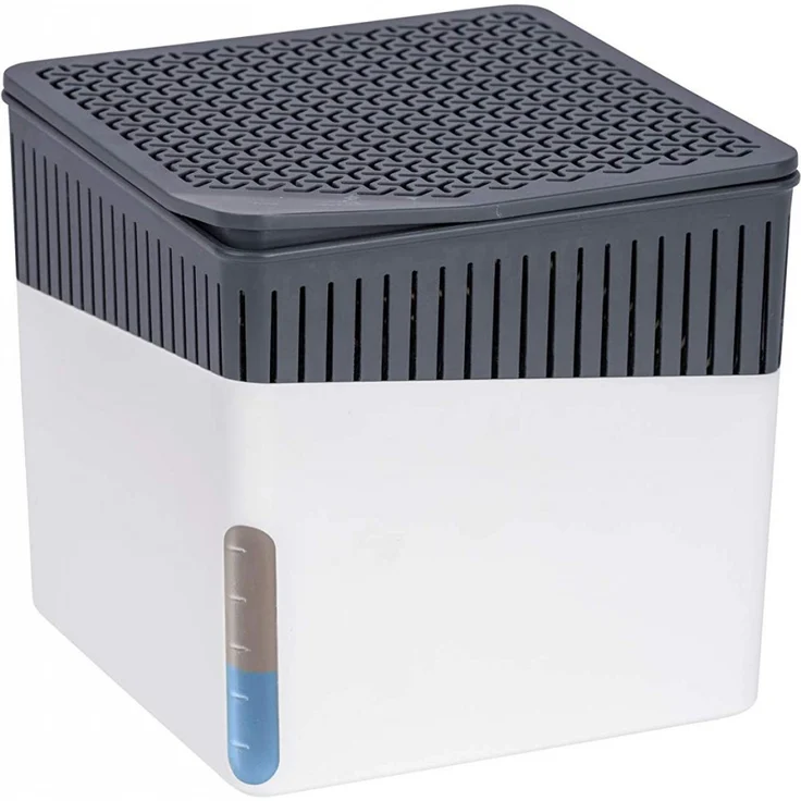 WENKO Raumentfeuchter Cube, Luftentfeuchter reduziert Schimmel und Gerüche, Auffangschale mit 1 kg Granulatblock nachfüllbar, fasst bis zu 1,6 l Feuchtigkeit, Maße (BHT): 16,5x15,7x16,5 cm, weiß – Bild 1