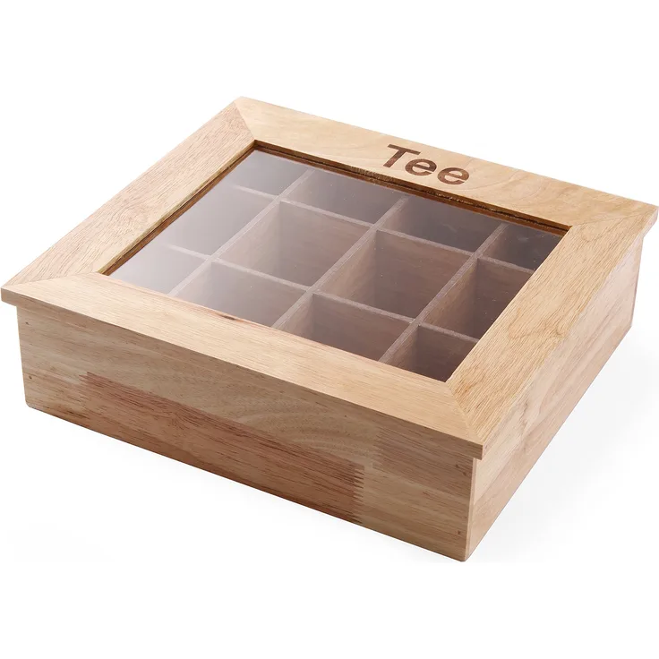 HENDI Teebox, Holzbox mit Sichtfenster, 12 Acryl Kammern, Dokorative Teedose, 300x280xH90mm