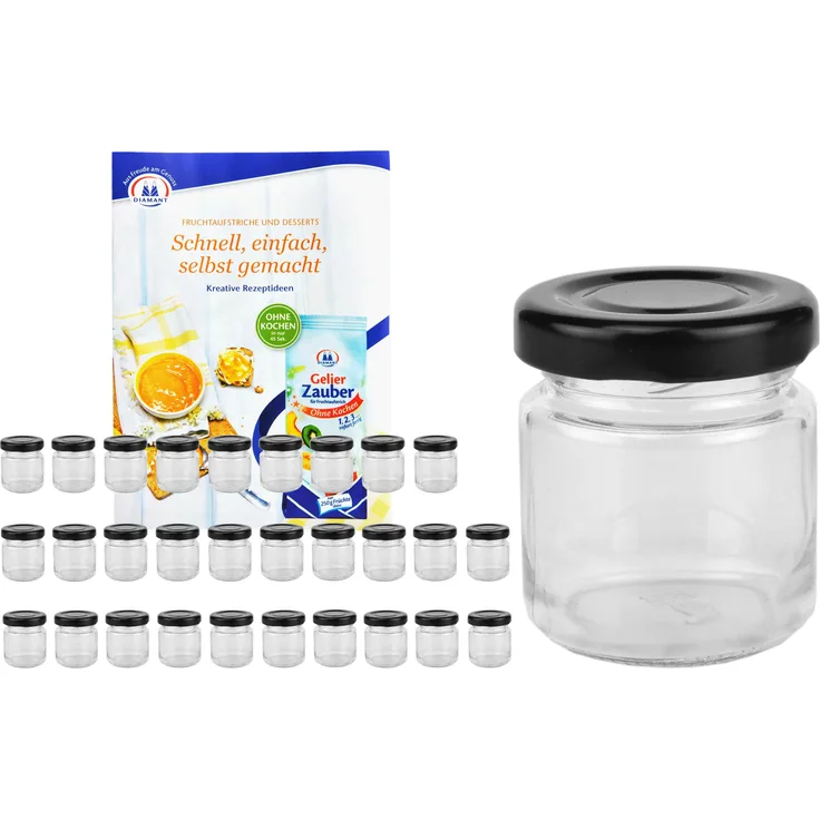28er Set Sturzglas 53 ml To 43 schwarzer Deckel incl. Diamant Gelierzauber Rezeptheft