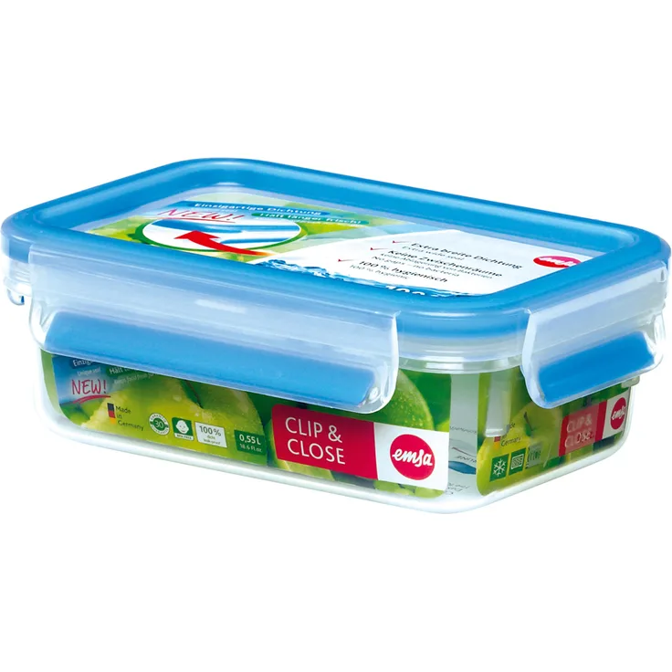 Emsa 508538 Rechteckige Frischhaltedose mit Deckel, 0.55 Liter, Transparent-Blau, Clip & Close