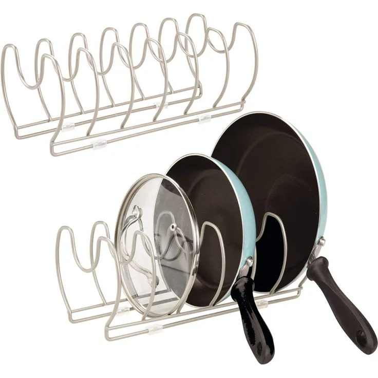 mDesign 2er-Set Geschirrablage für Kochtöpfe, Deckel und Pfannen ? kompakter Topfdeckelhalter aus Metall für den Küchenschrank ? platzsparender Ständer für Kochgeschirr ? mattsilberfarben