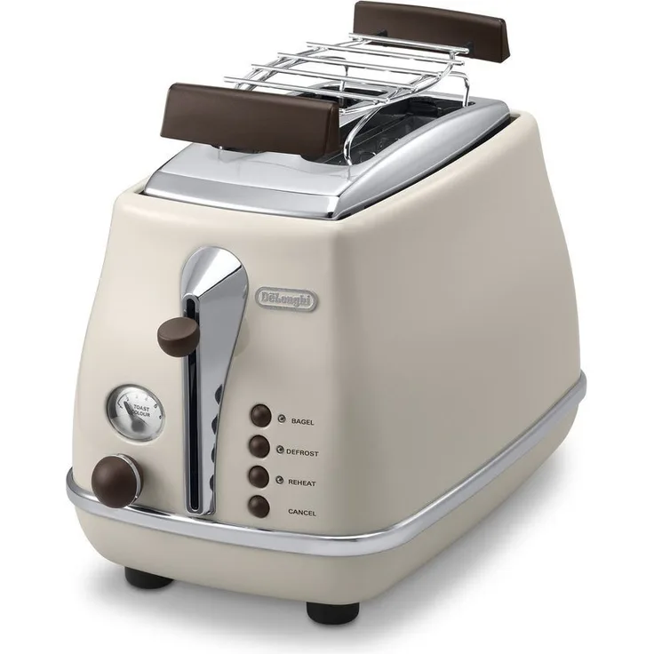 De'Longhi Icona Vintage CTOV2103.BG 2-Schlitz-Toaster, 900 Watt, mit Brötchenaufsatz, Edelstahl in elegantem Retro Look mit Chrom-Details, creme