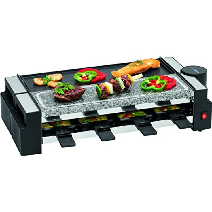 Clatronic RG 3678, 2in1 Raclette-Grill, Naturgrillstein & Wendegussplatte, 180°-Drehgelenk, 8 Pfännchen - 8 Holzspachtel, Auch als 4-Personen-Raclette verwendbar, Antihaftbeschichtung, 1200 Watt