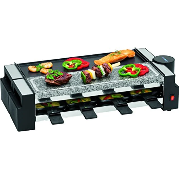 Clatronic RG 3678, 2in1 Raclette-Grill, Naturgrillstein & Wendegussplatte, 180°-Drehgelenk, 8 Pfännchen - 8 Holzspachtel, Auch als 4-Personen-Raclette verwendbar, Antihaftbeschichtung, 1200 Watt – Bild 1