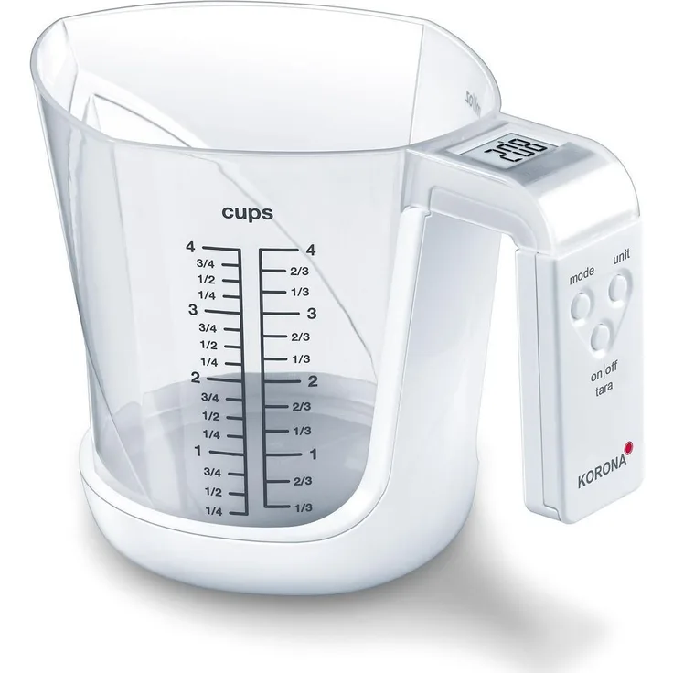 Korona 75877 MIA Messbecherwaage, max. Tragkraft 3kg, Einteilung 1 g, inkl. Messbecher 1 Liter, gut ablesbares LCD Display, Tara-Zuwiegefunktion, weiß