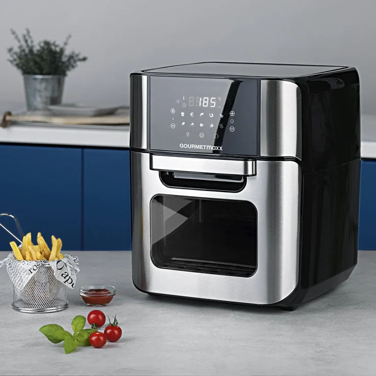 GOURMETmaxx Heißluft-Fritteuse XXL Digital 12 l, ohne Fett, 1800 W, 10 Programme, Timerfunktion, Sichtfenster, Rührfunktion, Schwarz, Edelstahl – Bild 3