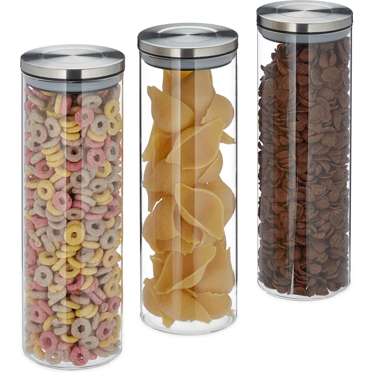 Relaxdays Vorratsglas 3er Set, luftdicht, Edelstahl Deckel, für Pasta, Müsli & Reis, 1,8 l Küchenbehälter, transparent