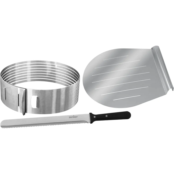 Zenker Tortenboden-Schneidhilfe, Ø26 - 28 cm Patisserie, Torten-Set mit Tortenmesser und Tortenhebeboden, Torten-Zubehör aus Edelstahl, Menge: 1 x 3er-Set, Farbe: silber