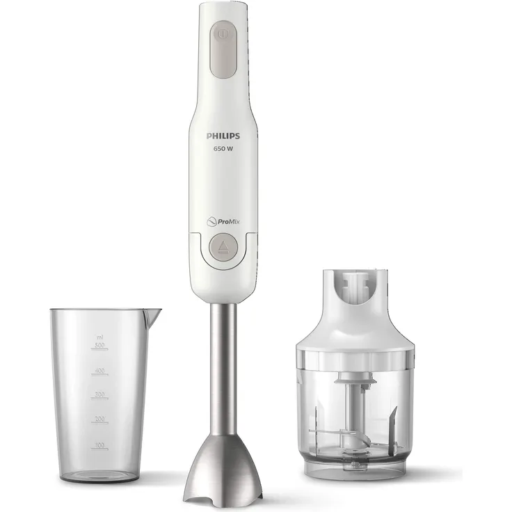 Philips HR2535-00 Promix Handmixer mit Becher, Klingen S-Blade, Zubehör inklusive kompaktem Zerkleinerer, 650 W, Weiß