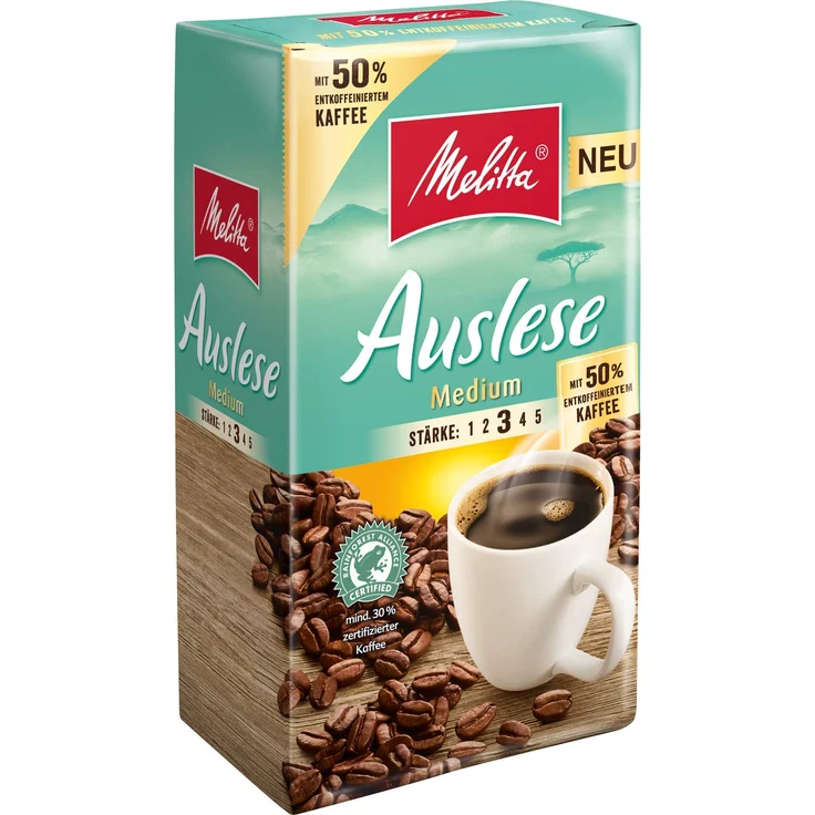 Melitta Gemahlener Röstkaffee, Filterkaffee, kräftig mit 50% entkoffeiniertem Kaffee, Stärke 3, Auslese Medium, 12er Pack (12 x 500 g) – Bild 1