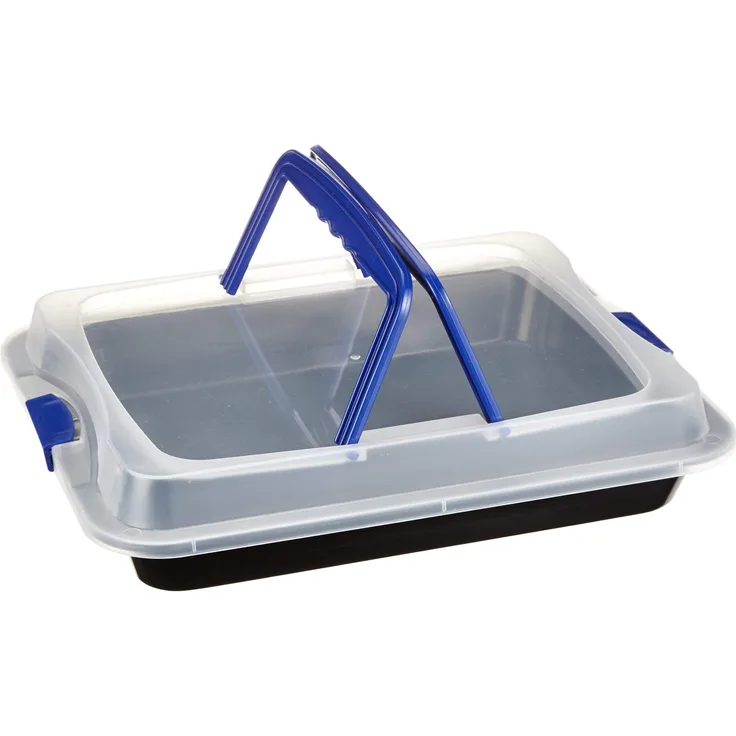 axentia Back- und Auflaufform, antihaftbeschichtete Backform mit Transporthaube aus Kunststoff, Schutzbox aus Carbonstahl, Transportbox mit 2 Tragehenkeln, Maße der Kuchenform ca. 40 x 32 x 5 cm