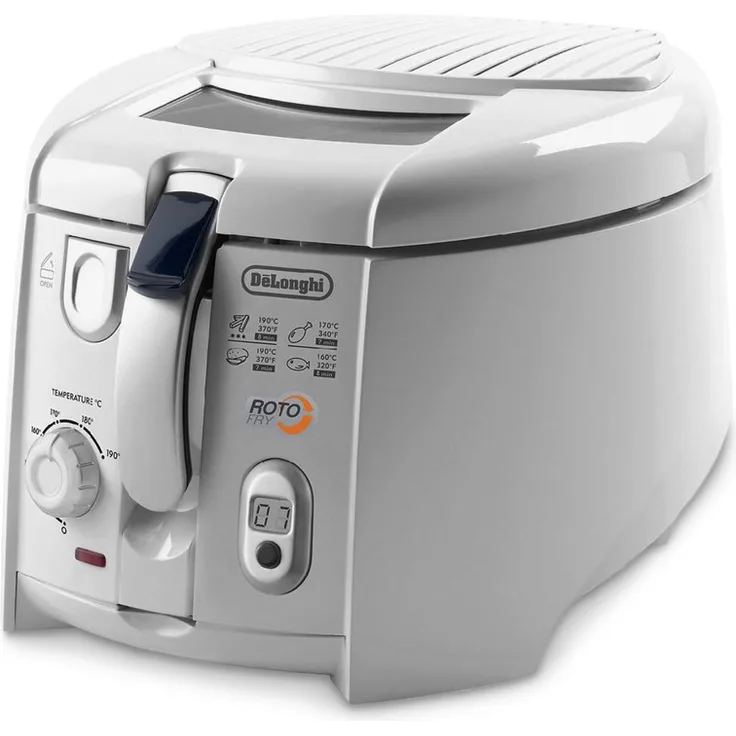 De'Longhi Roto-Fry F28533.W1 Rotofritteuse, Roto-Fry-System für 50 % weniger Öl, 1800 Watt, 1,2 Liter, Easy Clean System, Antihaft-Beschichtung, mit herausnehmbarem Frittierbehälter, mit Öl, Timer, weiß