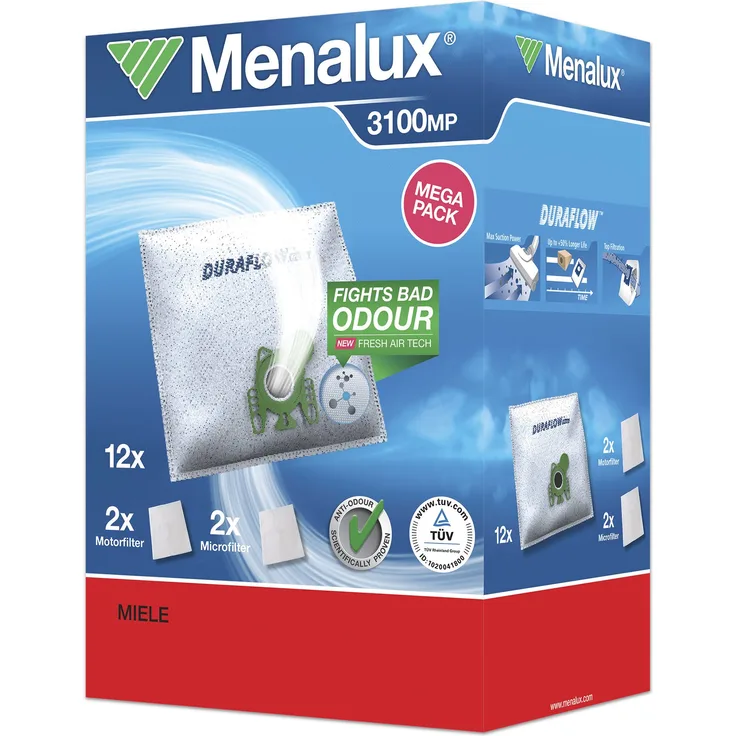 Menalux 3100MP 12 Staubbeutel, 2 Mikro- und Motorfilter (Synthetik Staubbeutel, top Saugleistung & Filtration, Hygieneverschluss, Anti-Geruch, neutralisiert Gerüche, reißfest, +50% Lebensdauer, weiß)