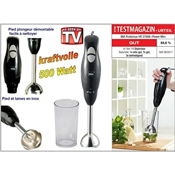 Mia HR 3766N Design Profi Stabmixer mit Edelstahlschaft, 500W, schwarz