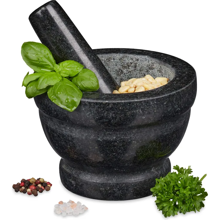 Relaxdays Granit Mörser mit Stößel, robust & langlebig, Gewürze, Kräuter, polierter Steinmörser, Ø 14 cm, 400 ml, grau