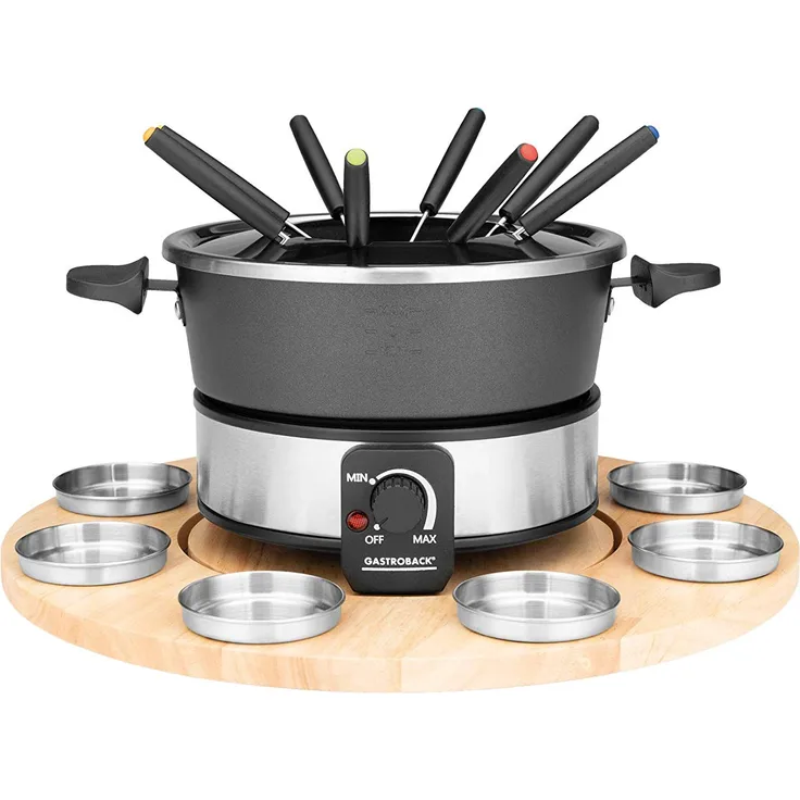 GASTROBACK 42566 Fondue Set, praktischer Drehteller mit 8 Edelstahl-Saucenbehälter Stufenlos regelbar von 40°C bis 190°C, 1.000 Watt, 1000, Antihaftbeschichteter Topf, schwarz, silber