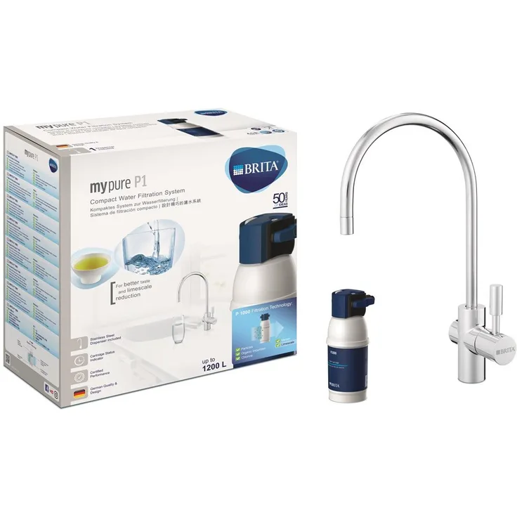 BRITA Armatur mit integriertem Wasserfilter mypure P1, Wasserhahn mit Filter zur Reduzierung von Kalk, Chlor und geschmacksstörenden Stoffen
