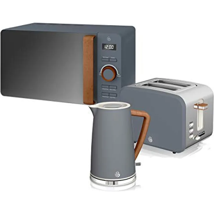 Swan Nordic Frühstücksset, Wasserkocher, 1,7 l, 2200 W, Breitschlitz-Toaster, 2 Scheiben, digitale Mikrowelle 20 l, modernes Design, Holzoptik, grau
