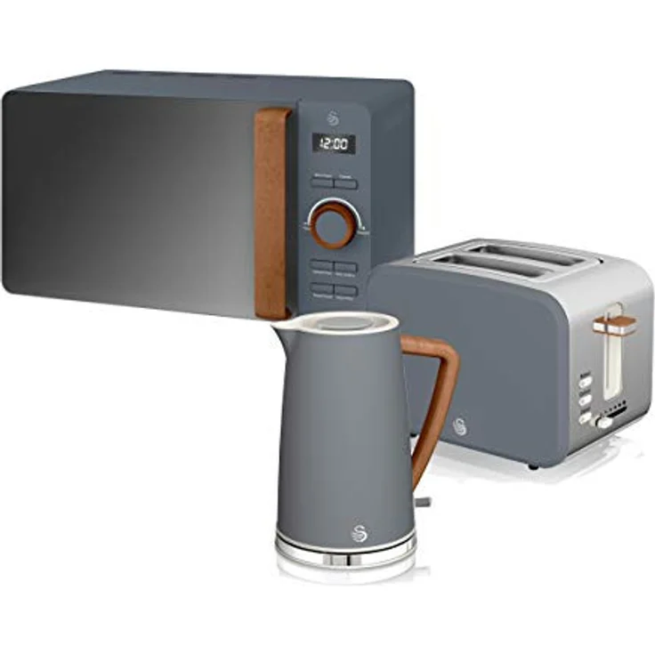 Swan Nordic Frühstücksset, Wasserkocher, 1,7 l, 2200 W, Breitschlitz-Toaster, 2 Scheiben, digitale Mikrowelle 20 l, modernes Design, Holzoptik, grau – Bild 1