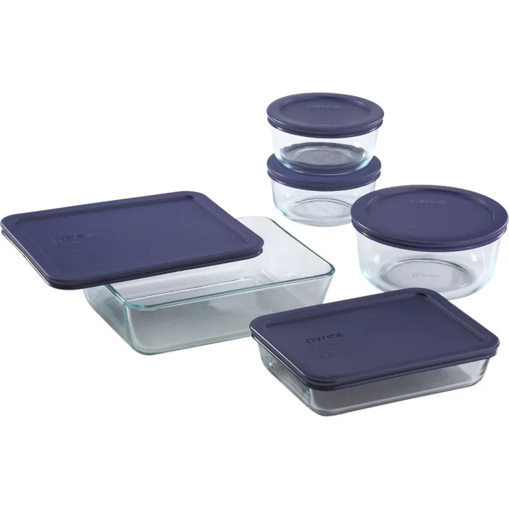 Pyrex Simply Store Glass Food Container Set with Blue Lids (10-Piece)