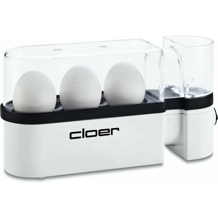 Cloer 6021 Eierkocher mit Servierfunktion - 300 W - 3 Eier - antihaftbeschichtete Heizplatte - im Deckel integrierter Messbecher und Eierpiekser - akustische Fertigmeldung  – Bild 1