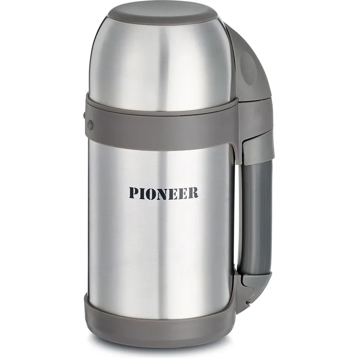 Pioneer Outdoor-Isolierflasche aus Hochwertigem Edelstahl mit Griff und Tasse 1,0 L Doppelwandig Auslaufsicher 8 Stunden Heiß oder Kühl BPA Frei - Gebürsteter Stahl