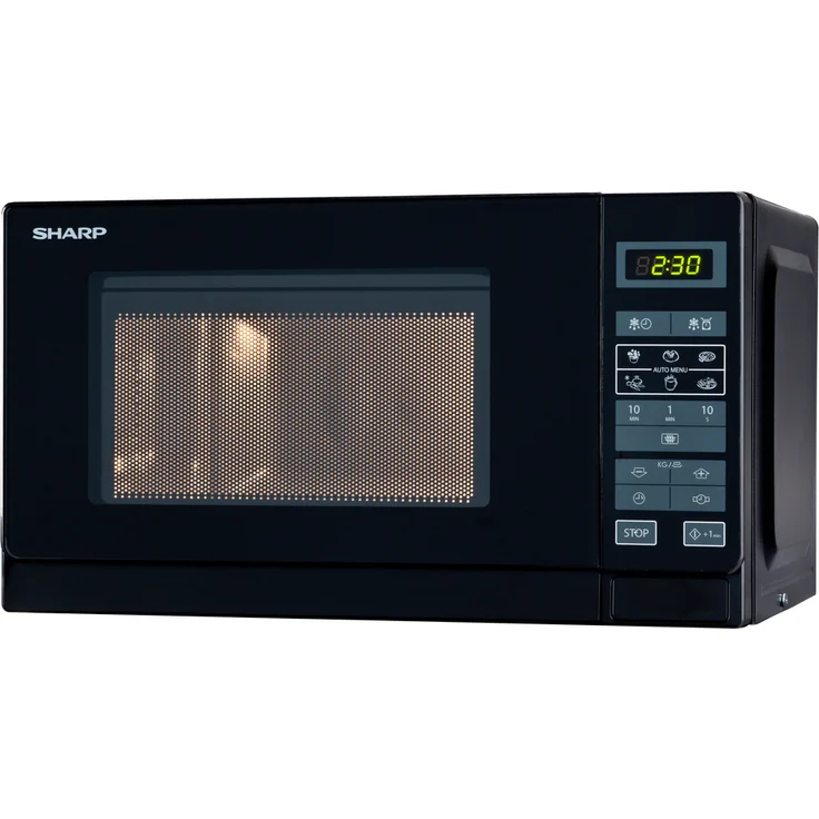 Sharp R242BKW Mikrowelle, Standgerät, 20 Liter Garraum, 800 Watt, 5 Leistungsstufen, 8 Automatikprogramme, Kindersicherung, Energiesparmodus, Glasdrehteller 25,5 cm, schwarz – Bild 3