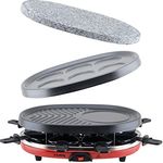 H.Koenig RP412 Raclette-Gerät 4 in 1 - 8 Personen - Raclette, Natursteingrill, Crepe-Platte und Grillplatte - mit 8 Pfännchen - 900 W - schwarz-rot