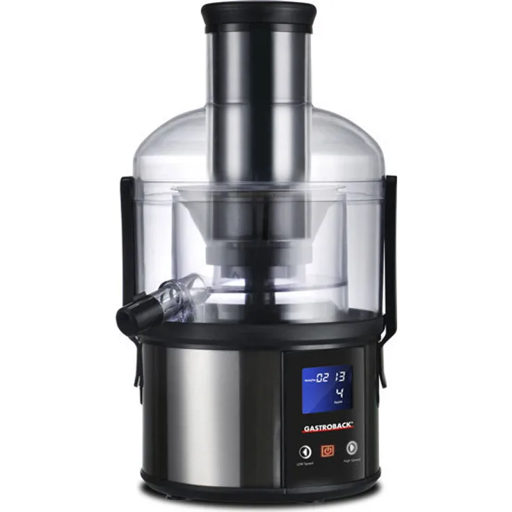 Gastroback 40125 Easy Juicer Fun, 1 Liter, Obst und Gemüse, Zentrifugal-Entsafter, 800 Watt, extrem leise, extra großer Einfüllschacht (85 mm), inklusive Rezept-Ideen, Negro, Transparente